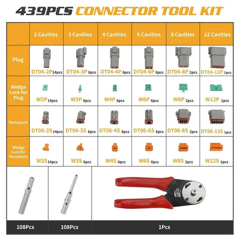 Heavy Duty 439 Piece Waterproof Wire Connector Kit For Cars And Trucks With Sealed Pins And Crimp Tool Box chart