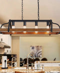 Dope Four Light Metal Pot Rack Chandelier With Faux Wood Grain Finish above rustic kitchen island, E26 Base, Black