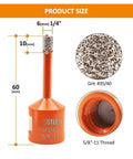 Front view of BGTEC dry diamond core drill bit, 1/4 in (6 mm) diameter, 5/8-11 thread, orange.