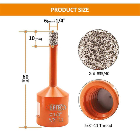 Front view of BGTEC dry diamond core drill bit, 1/4 in (6 mm) diameter, 5/8-11 thread, orange.