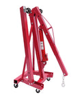Heavy Duty Two Ton Hydraulic Engine Hoist With Smart Leveler And Folding Cherry Picker Shop Crane Lift in red, folded position.