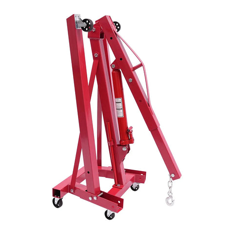 Heavy Duty Two Ton Hydraulic Engine Hoist With Smart Leveler And Folding Cherry Picker Shop Crane Lift in red, folded position.