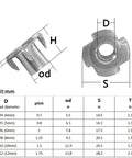Heavy Duty Steel Four Claw Blind Pronged Tee Nut Set For Speaker And Furniture, size chart dimensions M4 to M12 thickened inserts.