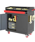Beefy Metal Garage Storage Cabinet On Wheels With Lockable Doors And Adjustable Shelves, Pegboard, And Heavy Duty Tool Locker For Garage Or Warehouse. Black metal rolling tool cabinet with open doors, shelves, and casters.
