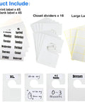 Pearl White Large Rectangular Closet Dividers Set With 16 Clothing Rack Size Dividers, 60 Labels And 16 Blank Labels displayed.