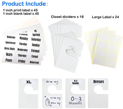 Pearl White Large Rectangular Closet Dividers Set With 16 Clothing Rack Size Dividers, 60 Labels And 16 Blank Labels displayed.
