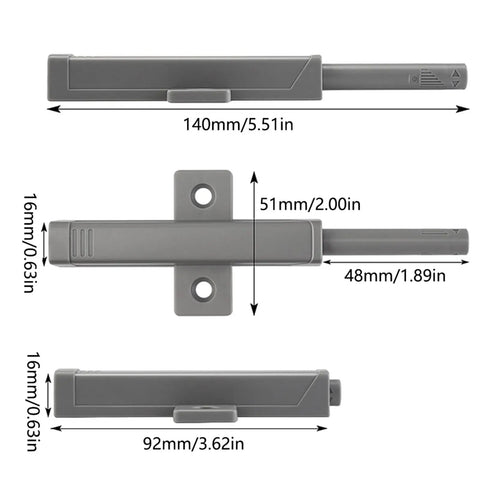 Magnetic Touch Cabinet Latch for Cabinets and Drawers, No Handle Opening With ABS Soft Quiet Damper dimensions shown