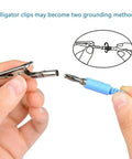 Hands connecting alligator clip to grounding wire from 16 Pack ESD Anti Static Wrist Straps With Grounding Wire Extendable 1.8 Meter Coiled Cord Up To 71 Inches Alligator Clip Wristband Set For Electronics Assembly Soldering Work