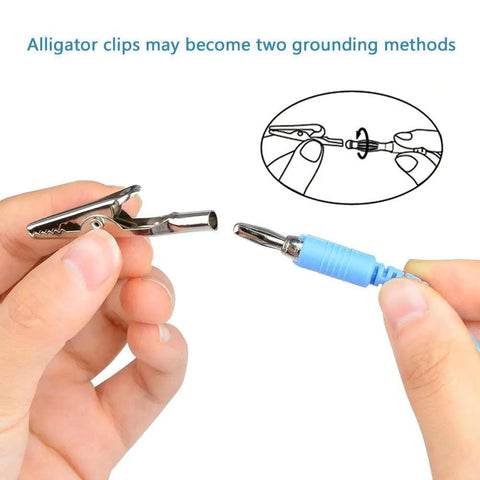 Hands connecting alligator clip to grounding wire from 16 Pack ESD Anti Static Wrist Straps With Grounding Wire Extendable 1.8 Meter Coiled Cord Up To 71 Inches Alligator Clip Wristband Set For Electronics Assembly Soldering Work