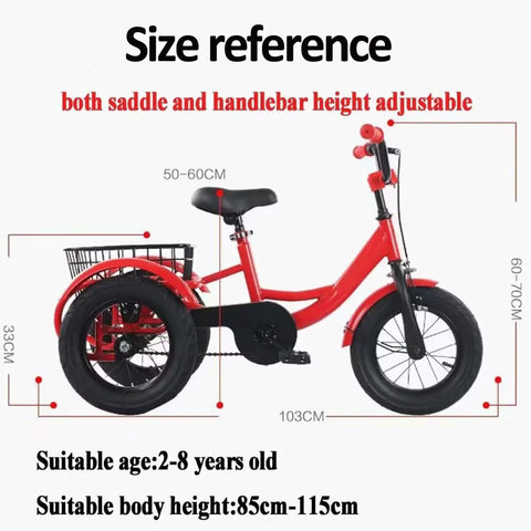 Side view of Three Wheel Kid Friendly Tricycle With Pneumatic Rubber Tires Pedals Single Brake Height Adjustable Saddle And Handlebar Cruiser Trike With Large Front Basket Durable Steel Frame Red 12 Inch, showing dimensions.