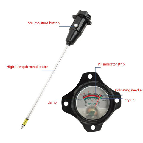 Long Probe Deep Soil Moisture Meter 2 In 1 Tester Hygrometer features high strength metal probe and PH indicator strip