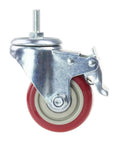 Side view of Swivel Stem Casters Heavy Duty Double Locking Castors with Red PU Wheels, metal frame, M10 one point five by twenty five mm thread.