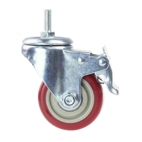 Side view of Swivel Stem Casters Heavy Duty Double Locking Castors with Red PU Wheels, metal frame, M10 one point five by twenty five mm thread.