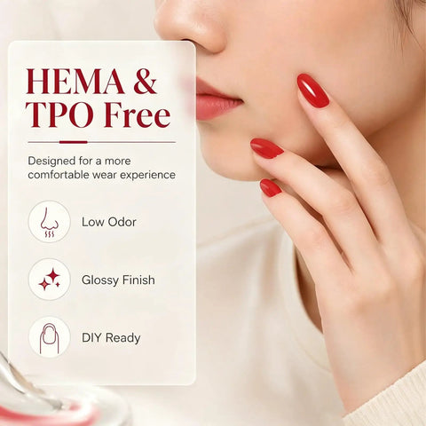 Semi Cured Gel Nail Strips Kit with 2 packs including 8 sizes, HEMA & TPO free, low odor, glossy finish, DIY ready classic red