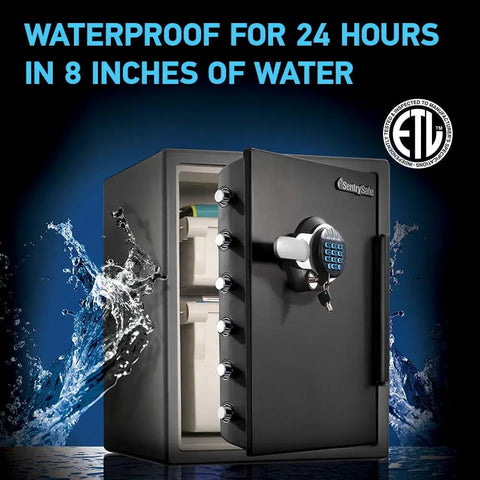 Fireproof And Waterproof Safe With Dial Combination 2.05 Cu Ft Capacity UL Classified For One Hour At 1700F ETL Verified For 24 Hour Water Submersion Gray And Black Finish Includes 917 File Organizer Accessory with open door view showing secure compartments against splash background