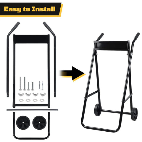 Heavy Duty Outboard Boat Motor Stand With Wheels 165 Lb Load Capacity Portable Motor Trolley shown disassembled and assembled
