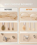 Before and after cleaning results of glasses, makeup brushes, and jewelry using Novmos cleaning products.
