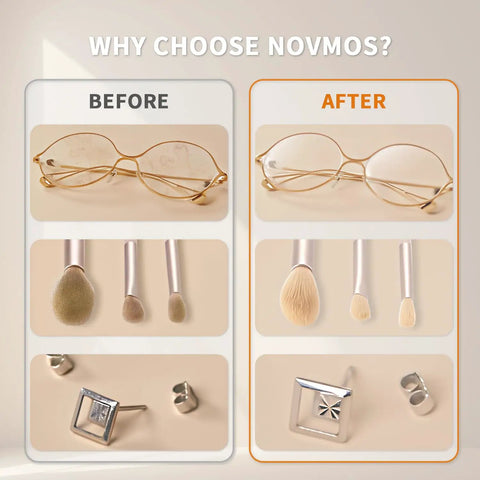 Before and after cleaning results of glasses, makeup brushes, and jewelry using Novmos cleaning products.