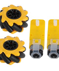 Mecanum wheel set with two yellow 48mm omni wheels and two yellow motor housings for TT geared motors