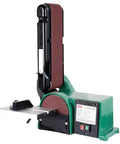 Knocks Rough Stock Flat Heavy Duty Electric Handheld Planer And Multifunctional Belt Sander With Rock Solid Cast Iron Base For Sweat Free Zero To Forty Five Degree Angle Tilts, green sander with belt and cast iron base.