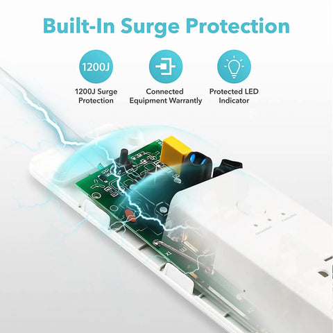 7 In 1 Surge Protector Power Strip With PD 20W USB C Fast Charging 3 AC Outlets 4 USB Ports 5 Ft Flat Plug Extension Cord with overload protection and 1200J built-in surge protection features.