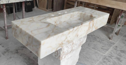 Top Shelf Hand Carved Afyon Honey Marble Bathroom Vanity Sink With Slick Countertop Setup And Durable Natural Stone Craft For Upscale Residential Or Swanky Commercial Decor