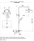 Dimensional drawing showing Top Shelf Thermostatic Shower System Wall Mounted Rain Shower Combo Set With 12 Inch High Pressure Shower Head.