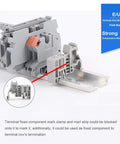 Din Rail Terminal Blocks Kit With UK2.5B Blocks 12 AWG Gauge 20A 600V Rating Includes Ground Blocks Jumpers End Brackets End Covers Marker Strips And 8 Inch Aluminum Rail For Fast Pro Grade Wiring. End bracket on 35mm DIN rail with PA66 body and marker strip slot