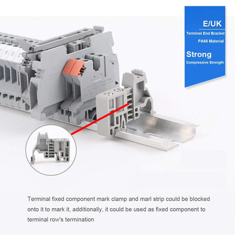 Din Rail Terminal Blocks Kit With UK2.5B Blocks 12 AWG Gauge 20A 600V Rating Includes Ground Blocks Jumpers End Brackets End Covers Marker Strips And 8 Inch Aluminum Rail For Fast Pro Grade Wiring. End bracket on 35mm DIN rail with PA66 body and marker strip slot