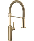 Pro Level Commercial Spring Neck Kitchen Faucet With Magnetic Docking Pull Down Sprayer Diamond Seal Tech Hella Smooth Handle Action In Champagne Bronze side view