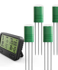 Wireless Soil Moisture Meter with LCD Receiver, three green probes, and sensors for moisture, temperature, and light detection.