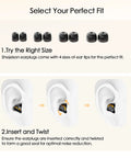 Adjustable Ear Plugs With 3 Noise Canceling Modes For Concerts Work Travel And More Reusable Hearing Protection With 4 Sizes XS S M L Comfortable Silicone Tips For All Day Noise Reduction Black Gold shown in fitting instructions with four sizes and ear insertion guide.