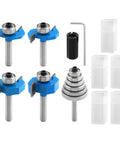 Pro Grade Carbide Rabbet Router Bit Set With Four T-Slot Bits And Six Bearing Heads, One Quarter Inch Shank, Includes Wrench