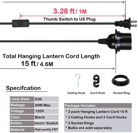 Two Pack 15 Foot Plug In Pendant Light With In Line On Off Switch Black Hanging Lantern Cord For E26 And E27 Socket
