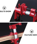 Heavy Duty Steel Pipe Clamps With Comfort Grip Rubber Sleeves, Quick Release Woodworking Screw Vise For Furniture Repairs And Rock Solid Panel Joints, Smooth Gluing Action No Sweat Professional Tool Kit close-up showing red finish and clamping mechanism.