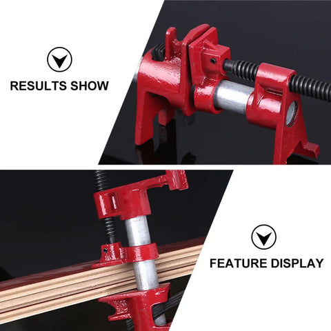 Heavy Duty Steel Pipe Clamps With Comfort Grip Rubber Sleeves, Quick Release Woodworking Screw Vise For Furniture Repairs And Rock Solid Panel Joints, Smooth Gluing Action No Sweat Professional Tool Kit close-up showing red finish and clamping mechanism.
