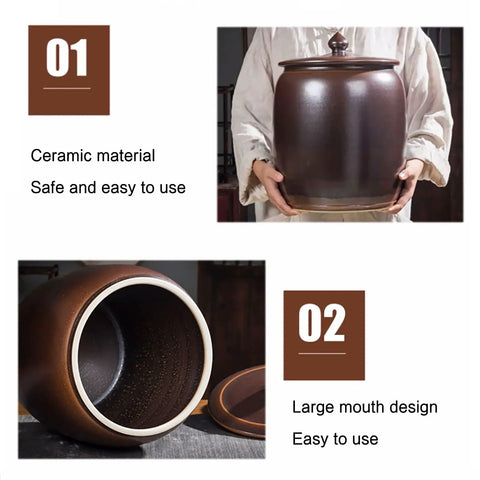 Heavy Weight Rice Storage Box Kitchen Sealed Grain Dispenser Airtight Cereal Jar With Lid shows large ceramic jar with a lid.