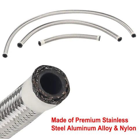 Heavy Duty EFI Fuel Pressure Regulator Kit With Adjustable 0 To 100 PSI Readings And Rock Solid 45mm Oil Filled Dial Gauge Featuring Six AN Inlet And Return Lines For TurnKey Street Builds. Stainless steel braided fuel lines with aluminum and nylon construction.