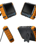 Five Inch CCTV Tester Monitor For Analog Cameras, HDMI And VGA Input, Six In One Debugging Tool, front and side views.