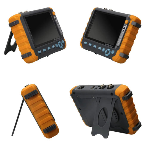 Five Inch CCTV Tester Monitor For Analog Cameras, HDMI And VGA Input, Six In One Debugging Tool, front and side views.