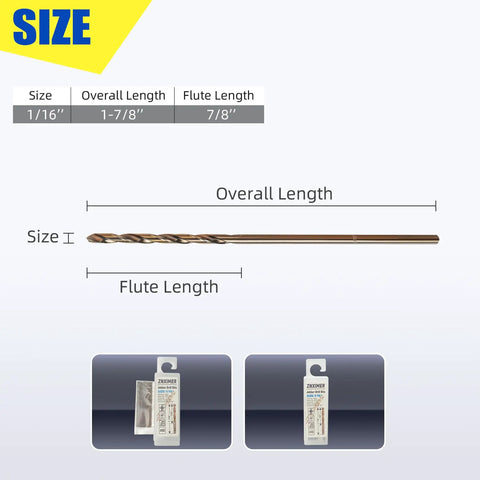 Cobalt Drill Bit Set 1 16th Inch M35 High Speed Steel Beefy Jobber Length 135 Degree Tip For Hard Metals Stainless Steel Cast Iron With Index Storage Case Pack Of 10 shown with size dimensions.