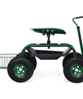 Rolling Garden Cart With Seat And Wheels Outdoor Garden Stool With Tool Tray And Basket 360 Degree Swivel Seat Adjustable Steering Handle