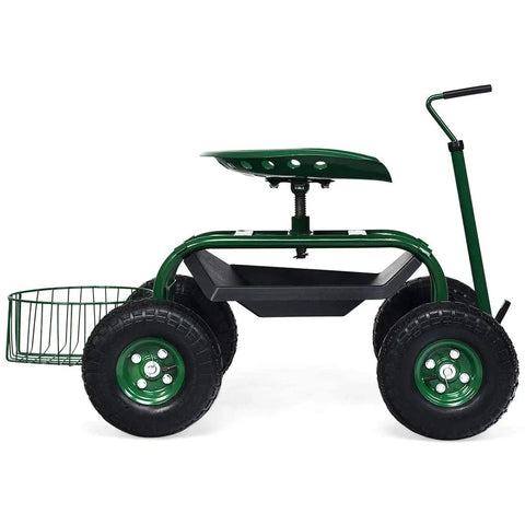 Rolling Garden Cart With Seat And Wheels Outdoor Garden Stool With Tool Tray And Basket 360 Degree Swivel Seat Adjustable Steering Handle