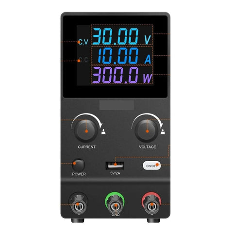 Adjustable Lab DC Power Supply 0 To 30V 0 To 10A Bench Regulated Switching PSU front view with LED display and knobs