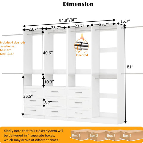 Freestanding Modular Closet System With Nine Ample Storage Drawers And Nine Heavy Duty Hanging Rods For No Sweat Setup Walk In Bedroom Organizer Designed For Major Room Upgrade Projects Featuring Slick White Finish