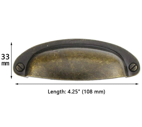 10 Piece Heavy Duty Antique Bronze Cup Pulls Top Shelf Vintage Shell Drawer Handles 4.25 inch length view with screws.