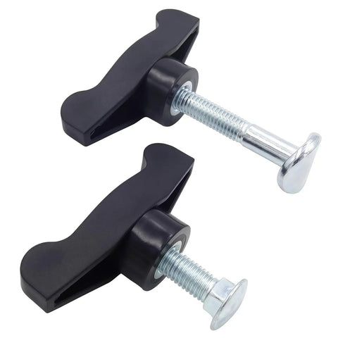 Universal Lawn Mower Handle Knob Bolt Kit with 4 bolts, black T-handle knobs, for mowers and snow blowers, showing close-up view.