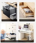 14 Inch Cold Rolled Steel Drawer Slide Glide Kit in kitchen, under a child in white dresser, and office desk setup with computer