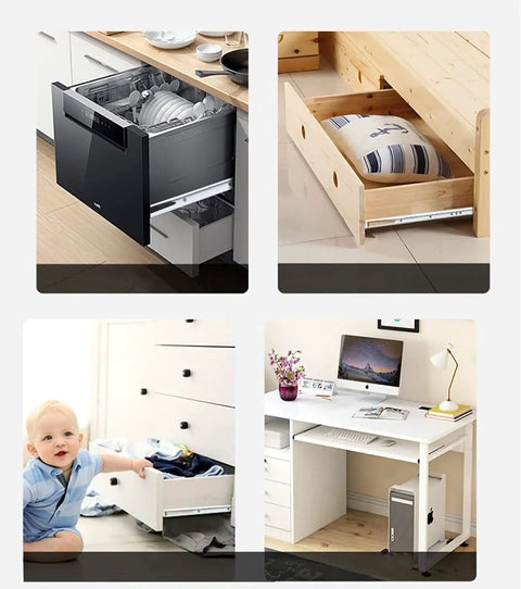 10 Inch Cold Rolled Steel Keyboard Slide Glide With 2 Fold Ball Bearing Tracks on white cabinet drawer in various settings