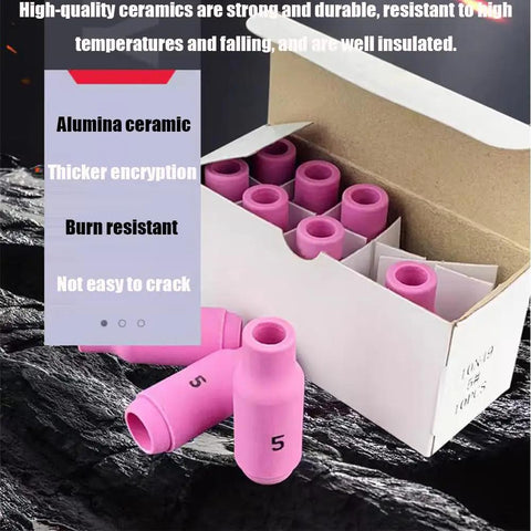 Heavy Duty 10 Pack TIG Torch Kit Nozzles Including Ceramic Cups For Aluminum Jobs High Heat Resistance Up To 3k Degrees F Welding Gear, pink alumina ceramic cups in a box.